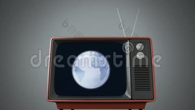 老式<strong>电视新闻</strong>屏幕与蓝色和白色数字地球旋转